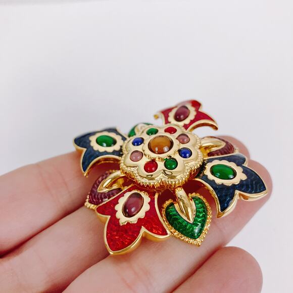 VTG Signed Joan Rivers Byzantine Fleur De Lis Colorful Enamel Brooch Collectible - Picture 6 of 10